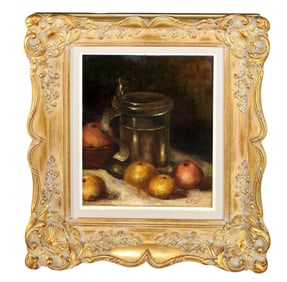 French L. Viroux oil on board painting still life with fruit and pewter