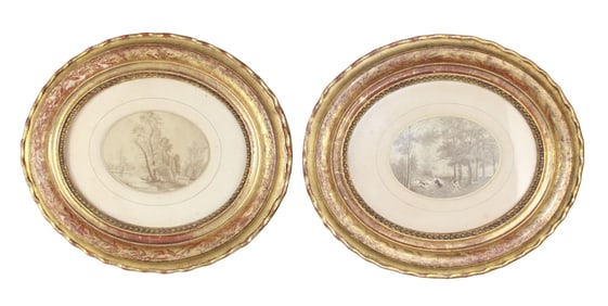 Pair of French oval framed landscapes in gold leaf frames