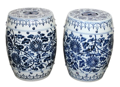 Pair of blue & white porcelain garden stools with flowers