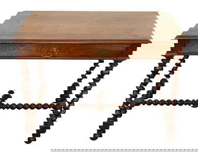 French bureau plat desk in walnut on barley twist legs: French bureau plat desk in walnut on barley twist legs. Late 19th century. 28"h x 39 1/2"w x 25 1/2"d overall.
