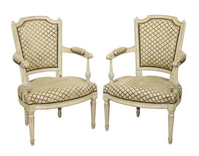 Pair of French Louis XVI style upholstered armchairs and fluted tapered legs: Pair of French Louis XVI style upholstered armchairs and fluted tapered legs 34"h x 22 1/2"w x 19 1/2", seat height 16"