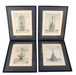 Set of 4 Georg Andreas Bockler (German) hand colored fountain engravings: Set of 4 Georg Andreas Bockler (German) hand colored fountain engravings. 18 7/8"h x 14 1/2"w. Weight: 4lbs each.