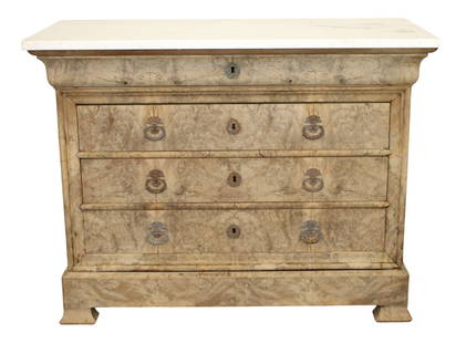 French Louis Philippe commode in bleached burl walnut with a marble top: French Louis Philippe commode in bleached burl walnut with a marble top. 19th century. 39"h x 50 1/2"w 22 3/4"d.