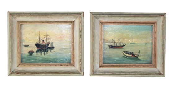 Companion pair of miniature seascape paintings