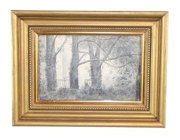 Watercolor and pen and ink drawing on paper landscape with trees