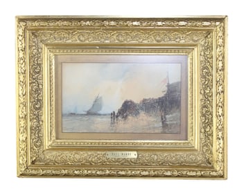 Paul Marny watercolor on paper painting waterfront scene