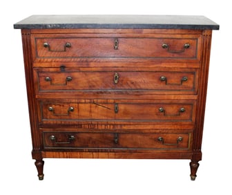 French Louis XVI style 4 drawer commode in walnut with marble top