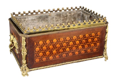 French marquetry jardiniere with bronze trim