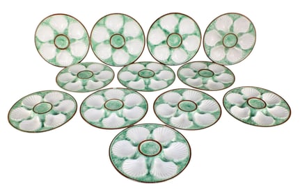Lot of 12 French green and white oyster plates