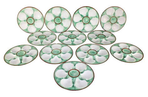 Lot of 12 French green and white oyster plates: Lot of 12 French green and white oyster plates. 9 1/2"dia Weight:17lbs