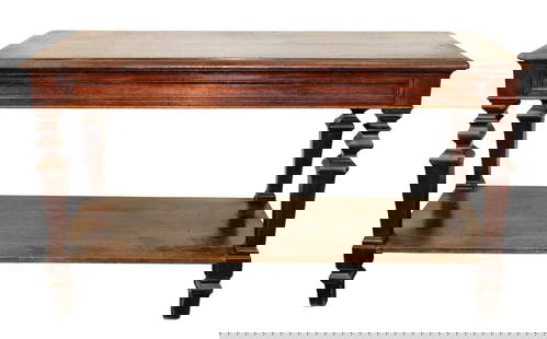 French petit drapers table island in oak: French petit drapers table island in oak with waxed finish. Table early 20th century. Lower shelf added later. 33 1/2"h x 58 1/2"l x 27 1/4"w