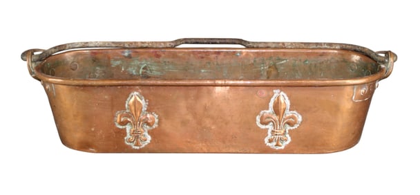 French copper fish poacher with embossed fleur de lys