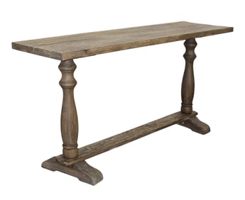 French weathered oak console table on trestle base