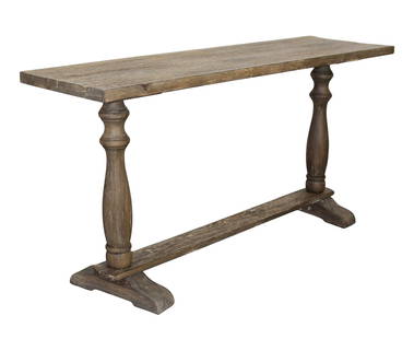 French weathered oak console table on trestle base: French weathered oak console table on trestle base with column legs. Mid 20th century. 33 3/4"h x 67"w x 19 1/2"d