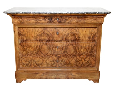 French Louis Phillipe 4 drawer commode in burled walnut with a marble top