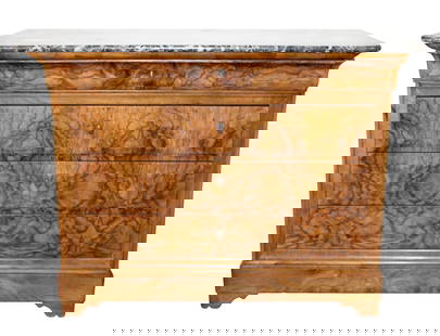 French Louis Phillipe 4 drawer commode in burled walnut with a marble top: French Louis Phillipe 4 drawer commode in burled walnut with a marble top. 19th century. 38 1/4"h x 51 1/4"w x 24"d-
