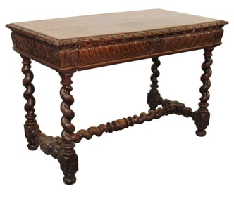 French bureau plat desk in oak on barley twist legs with single drawer