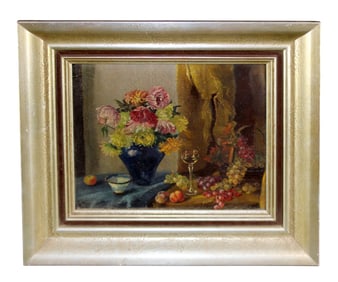 French oil on artist board painting still life with flowers in vase