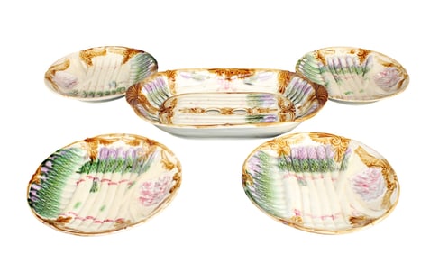 Lot of 4 French Majolica asparagus plates with server