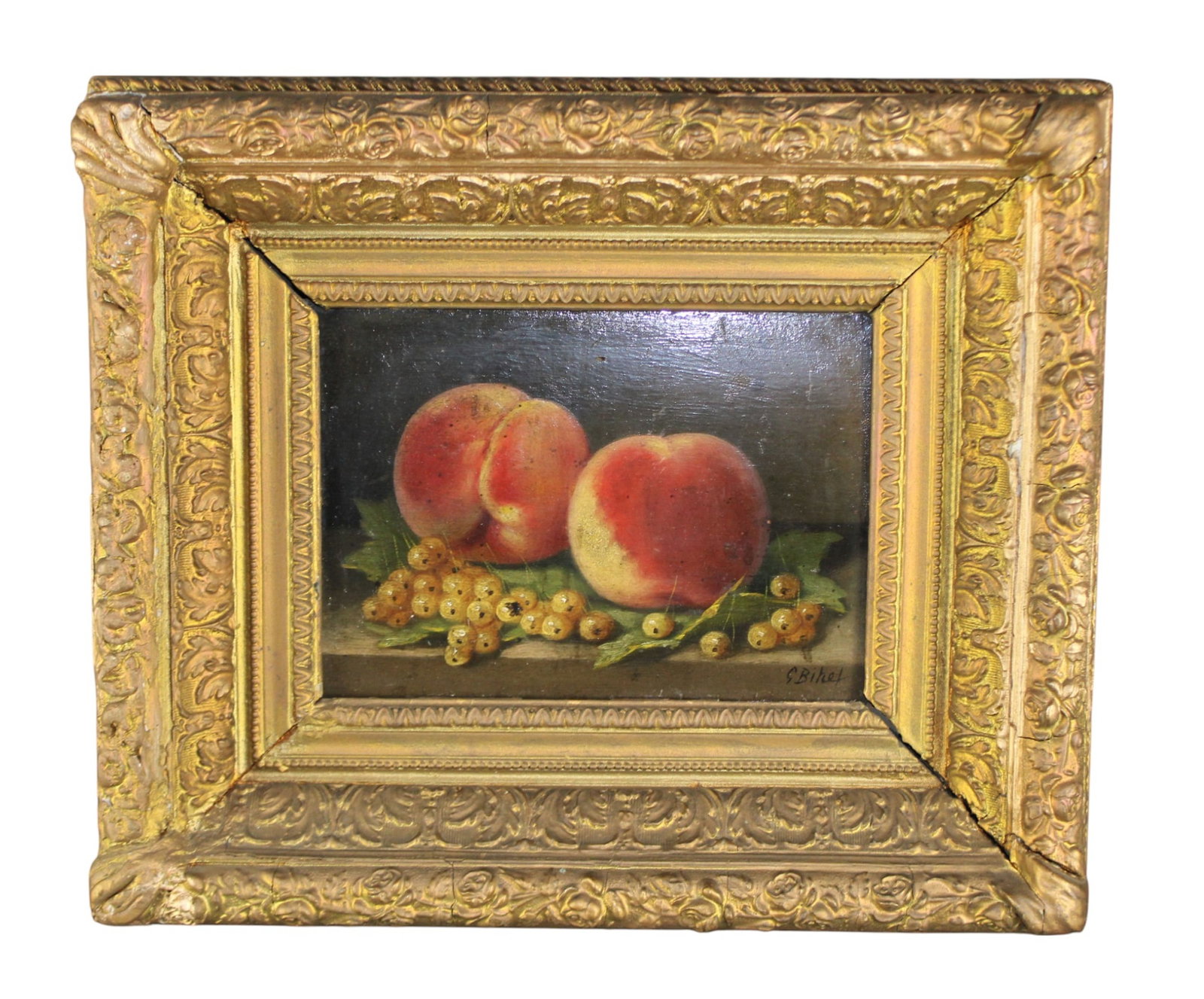 French oil on board painting of still life with 2 peaches and bunch of grapes. signed G. Bihel: French oil on board painting of still life with 2 peaches and bunch pf grapes. signed G. Bihel. Overall 13 3/4"h x 15"w, sight size 5 3/4"h x 8 1/8"w. Weight: 4lbs