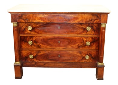French Empire style commode in walnut with columns and a white marble top