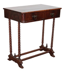 Small English bobbin leg side table in mahogany with 2 drawers