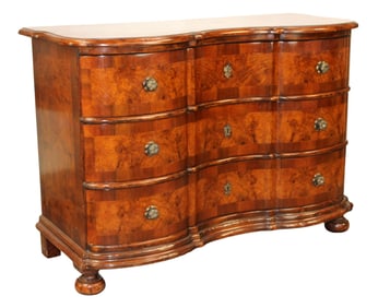 Italian 3 drawer commode arbalette with burled drawer fronts