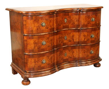 Italian 3 drawer commode arbalette with burled drawer fronts: Italian 3 drawer commode arbalette with burled drawer fronts. Mid 20th century. 34 3/4"h x 49 1/4"w x 21 3/8"d