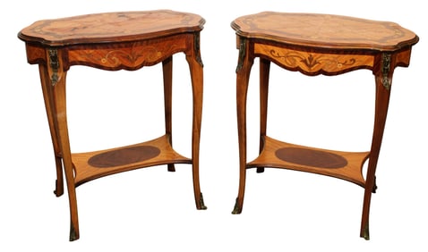 Pair of French Louis XVI style turtle back top marquetry side tables