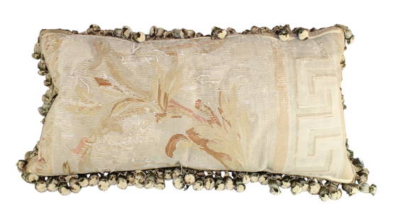 French Aubusson tapestry pillow: French Aubusson tapestry pillow in neutral color scheme. 16"h x 32"w overall. Weight: 5lbs