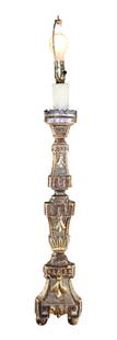 Italian partial silver leaf altar candlestick mounted as lamp: Italian partial silver leaf altar candlestick mounted as a lamp. Late 19th century candlestick, later mounted as lamp. 40"h x 7"w. Weight:4lbs