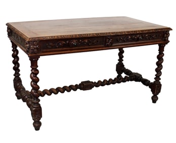 French bureau plat desk in oak on barley twist legs with 2 drawers