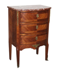 French Louis XVI style 3 drawer bowfront commode with marble top