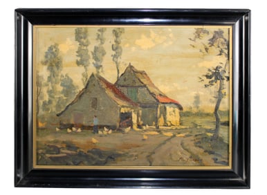 French oil on board painting of a farmhouse