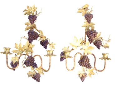 Pair of Italian gilt bronze grape motif candle wall sconces