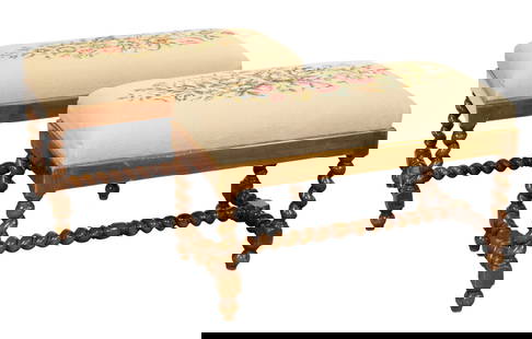 Pair of French barley twist leg benches: Pair of French barley twist leg benches with floral needlepoint upholstery. Early 20th century. 17"h x 19 1/2"w x 15"d.