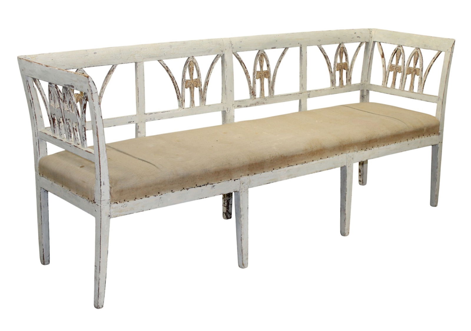 Swedish flared side bench with carved lily back: Swedish flared side bench in pine with carved lily back. 19th century. 31 3/4"h x 75 3/8"w x 19 3/4"d