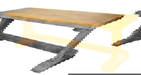 French trestle table in bleached oak: French trestle table in bleached oak. Late 19th century. 30"h x 98"l x 34"d, top thickness measures 3"