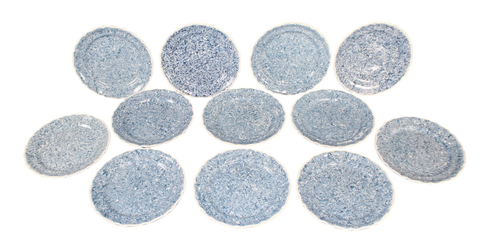 Lot of 12 French Atelier Yvonne Rigo Aptware plates: Lot of 12 French Atelier Yvonne Rigo Aptware scalloped edge blue & white dinner plates. 10 3/4"dia. Weight: 16lbs total