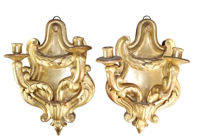 Pair of Italian giltwood 2 arm candle sconces