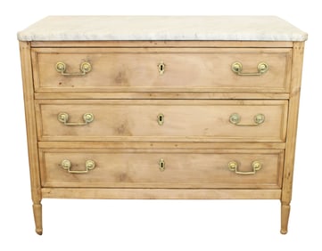 French Louis XVI commode in bleached walnut on tapered legs with white marble top