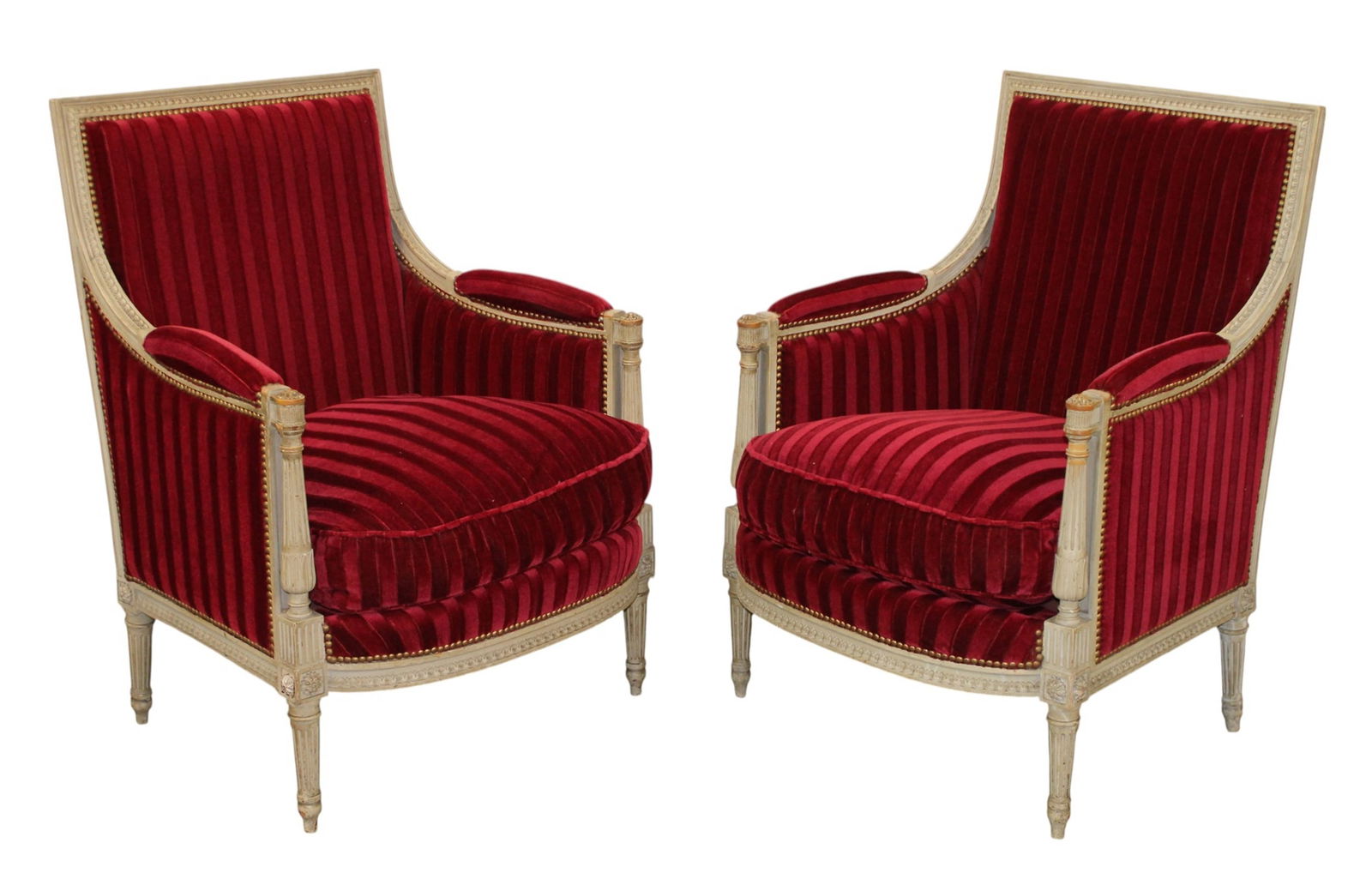 Pair of French Louis XVI bergères with painted finish and red striped upholstery (1 of 8)