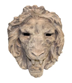 Carved wooden lion's head mask