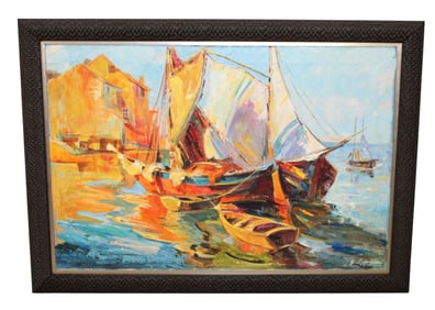 Georges Lapchine oil on canvas painting depicting sailboats