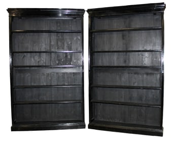 Pair of HUGE French open shelf bookcases with painted black finish
