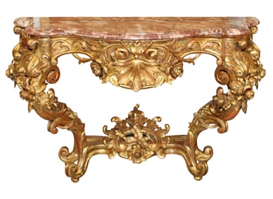 French Louis XV gilt wood console with rouge marble top