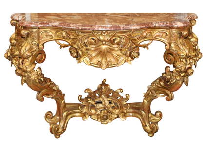 French Louis XV gilt wood console with rouge marble top: French Louis XV gilt wood console with rouge marble top 35 1/4"h x 52 1/4"w x 22 1/4" d