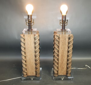 Pair of carved wood fragment lamps with barley twists on Lucite bases