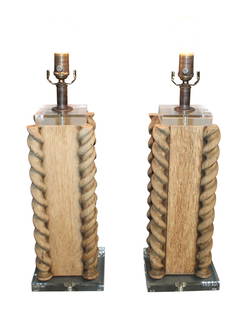 Pair of carved wood fragment lamps with barley twists on Lucite bases: Pair of carved wood fragment lamps with barley twists on Lucite bases. Each measures approx.: 23"h (without bulb) x 7 1/8"sq. (at base). Each weighs approx.: 10lbs