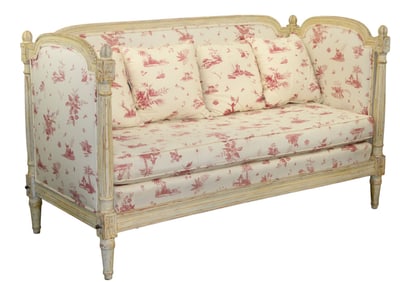 French Louis XVI style painted settee/day bed with red and white toile upholstery